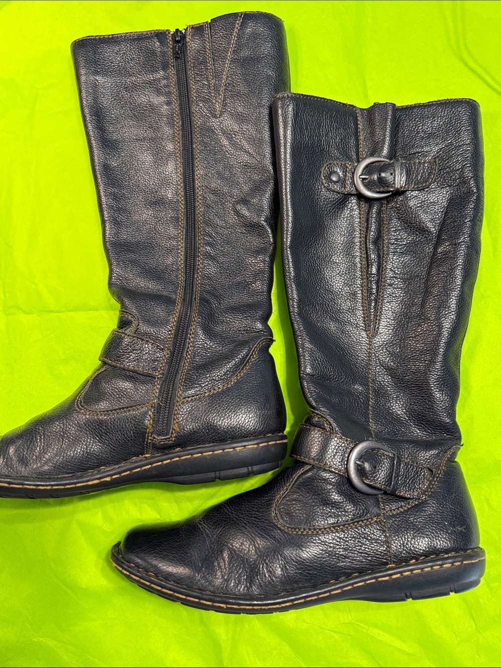 b.o.c. Born Concept Black Leather Mid-Calf Buckle Zip Riding Boots for Women 7.5